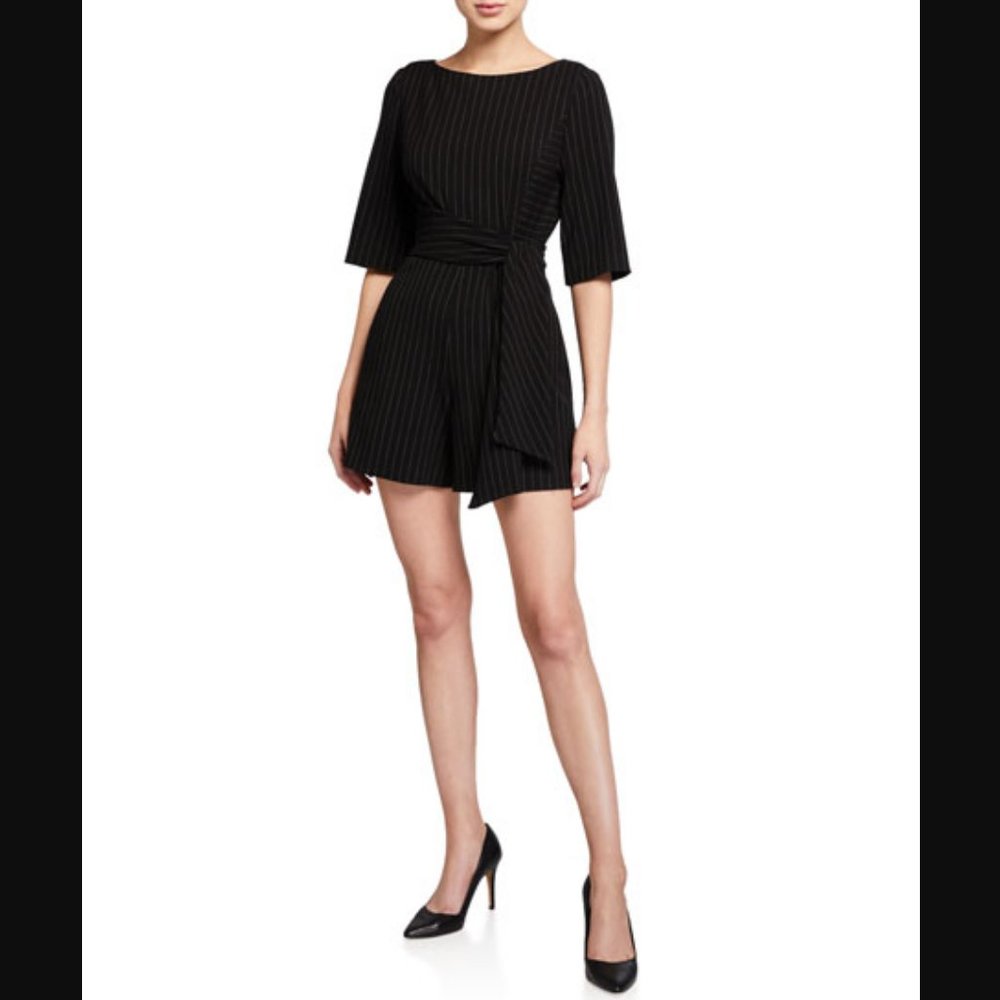 Alice + Olivia Black Pinstripe Tie-Waist Short Jumpsuit